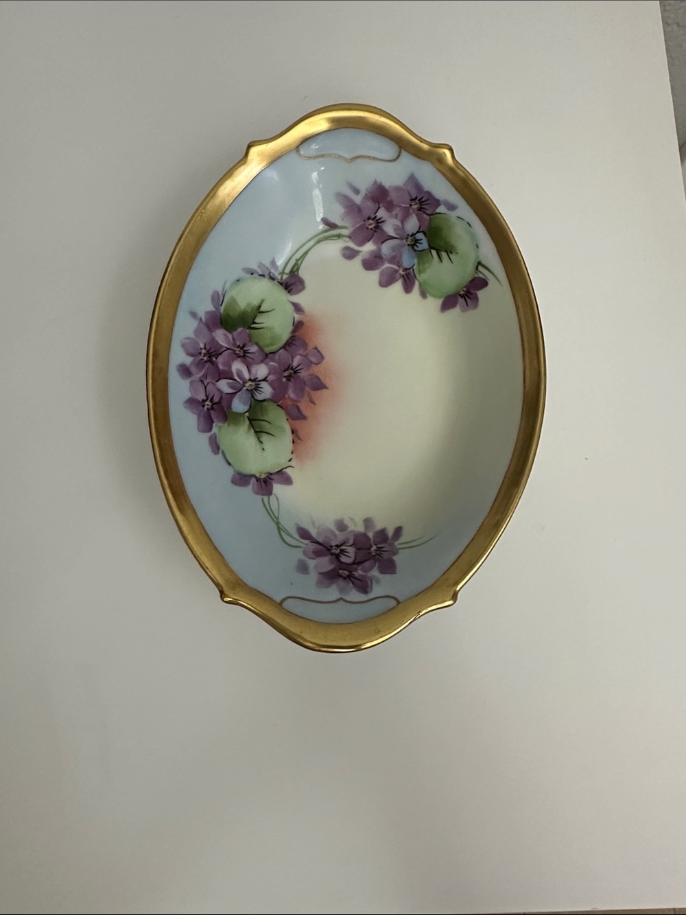 Vintage Porcelain Limoges Bowl with Gold Trim-Purple Flower Theme-7"x5"